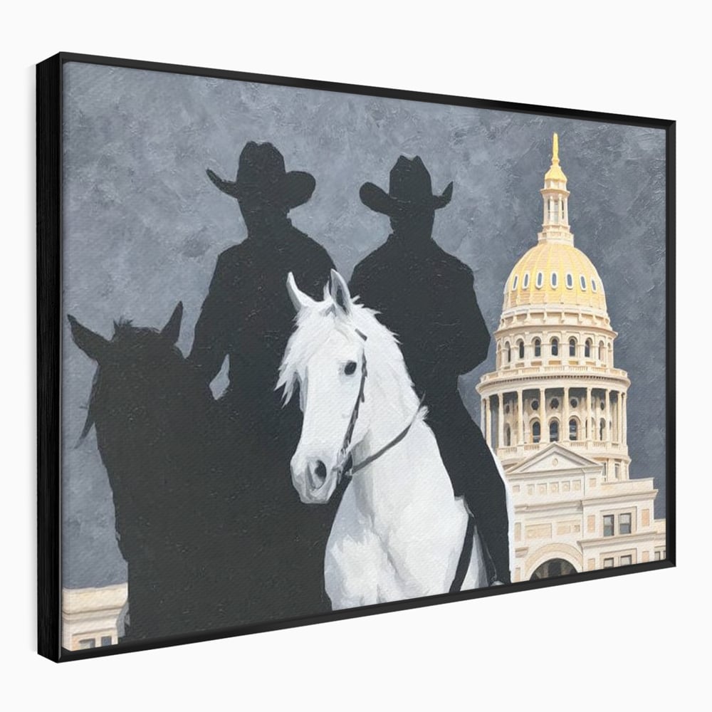 Tablou canvas cu pictura cu doi cowboy si cladire oficiala, in rama de aluminiu negru